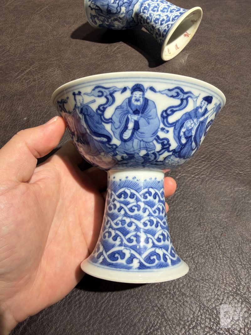 清道光 青花八仙人物高足碗一对 - 图5